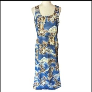 Hilo Hattie's Dress Hawaiian palm print sleeveless cotton blend Blue maxi  Sz 12